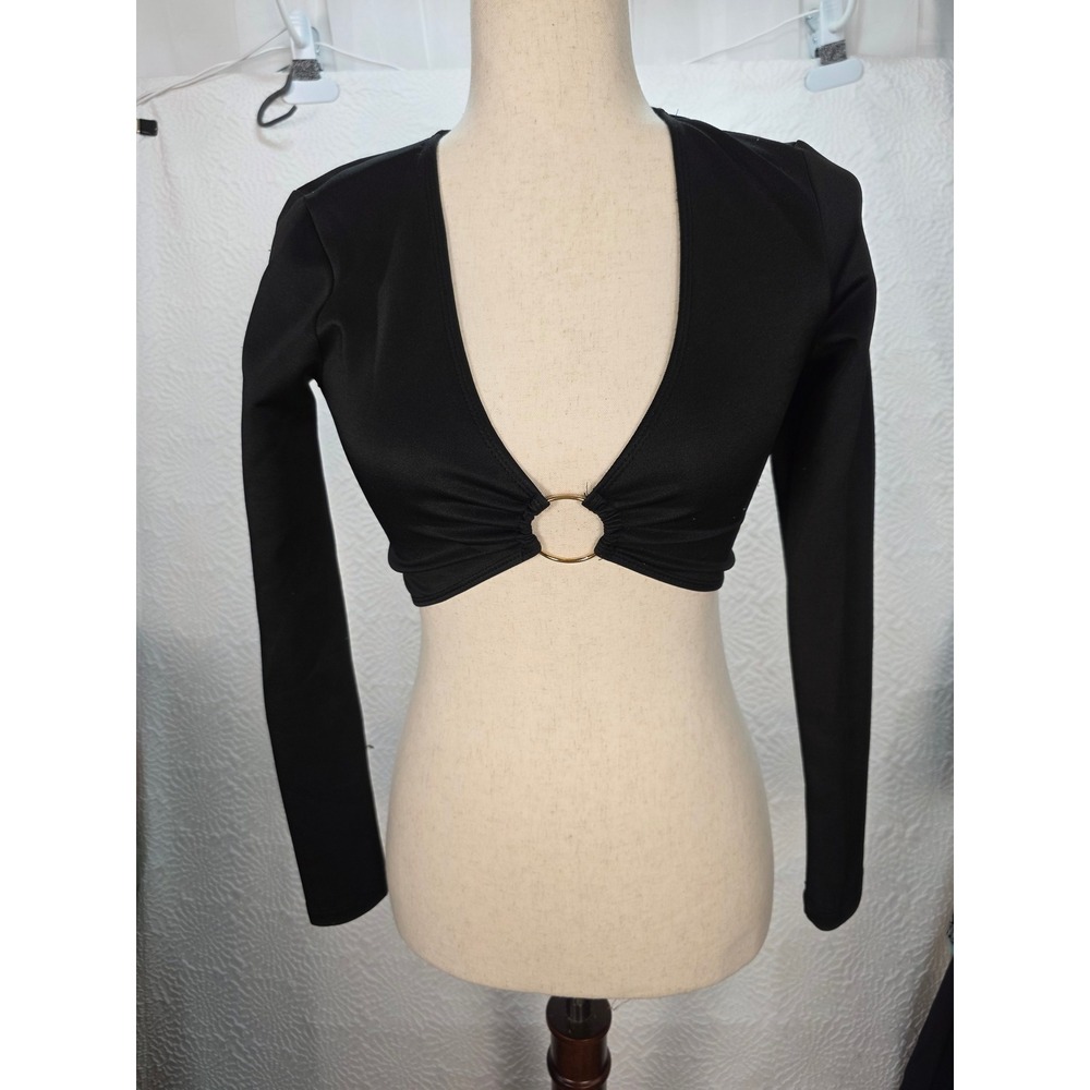 White Fox Boutique Plunging O Ring Crop Top Women XS Black Excellent Long Sleeve